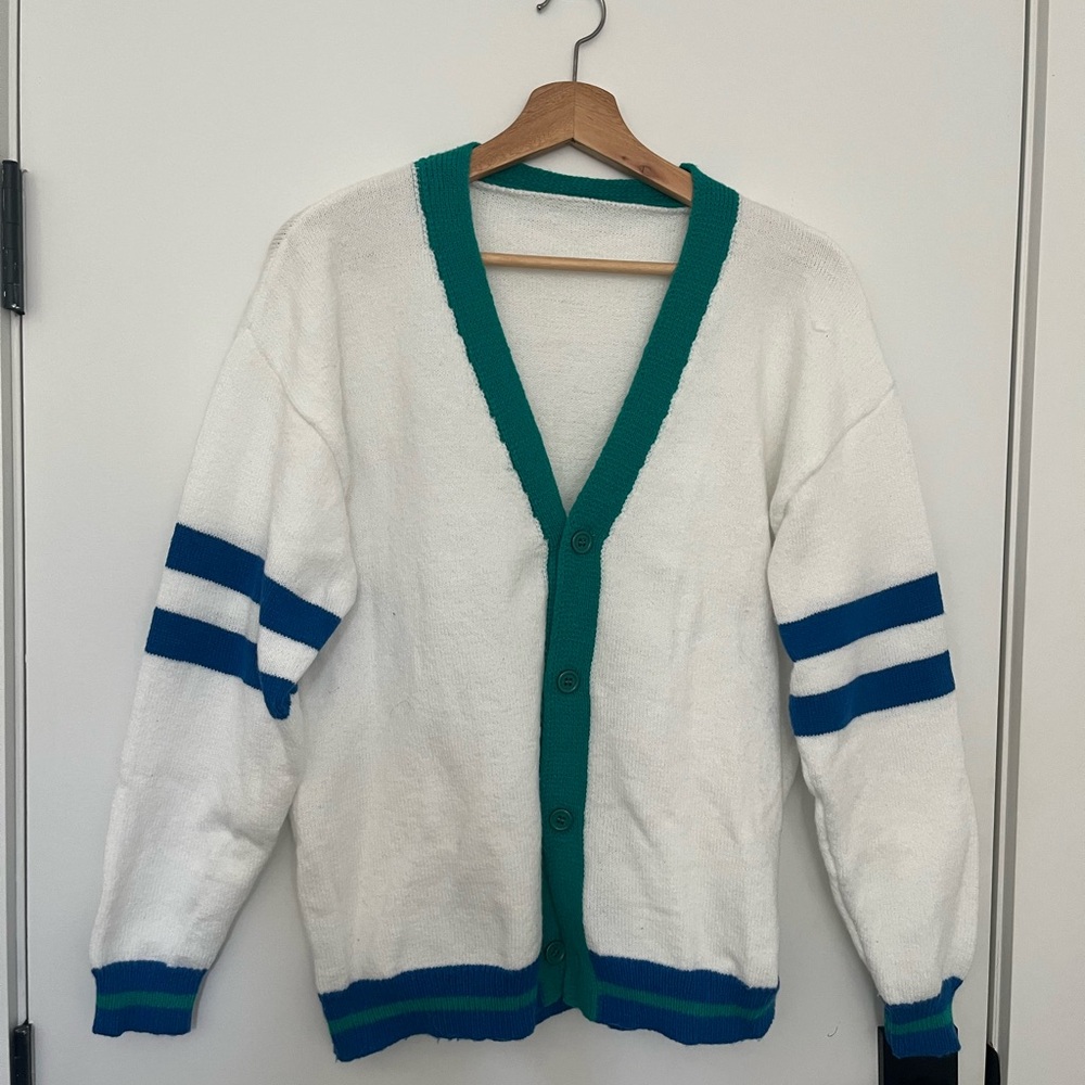 White Cardigan with Blue and Green Stripes